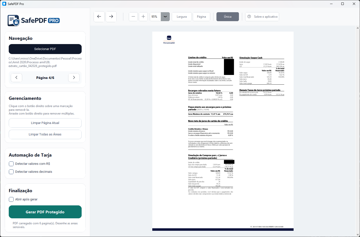 SafePDF Pro interface mostrando documento com dados sensíveis tarjados